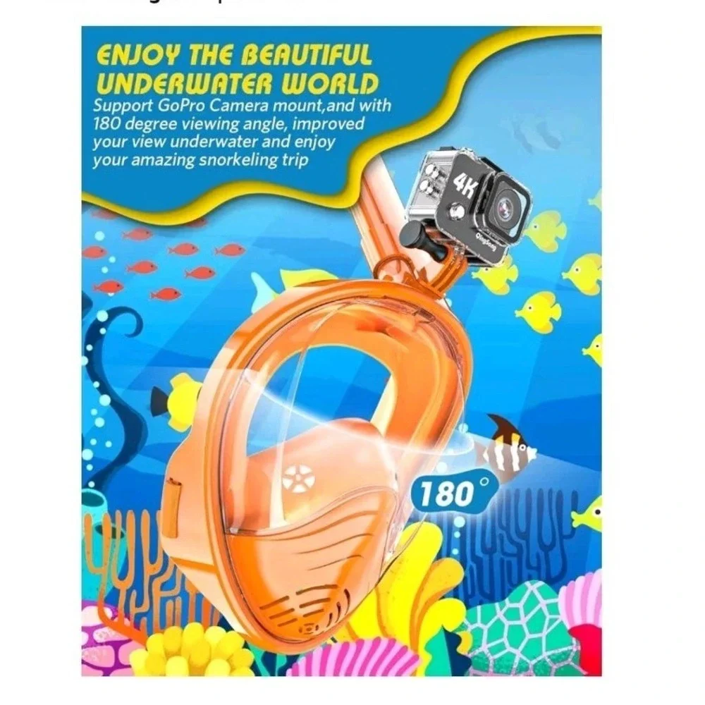QingSong Kids Full Face Snorkel Mask XS Orange w/ Camera Mount